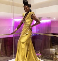 a woman in a gold dress posing on a glass floor