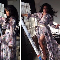 two pictures of a woman in a floral dress posing on a ladder